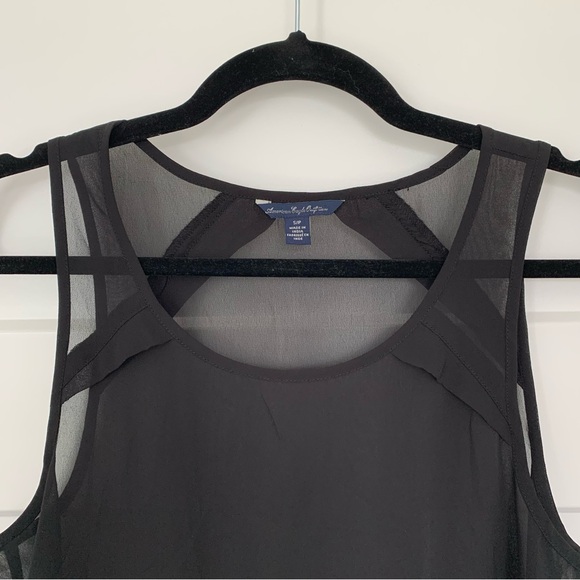 AMERICAN EAGLE Women’s Black Tank Top Sheer Flowy Chiffon Raw Hem Pleated SZ. SP - Picture 3 of 14